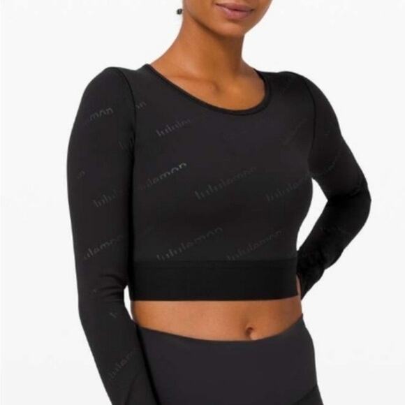 Lululemon Wunder Train Cropped Special Edition Black Logo Long Sleeve Top 6 - Picture 1 of 6